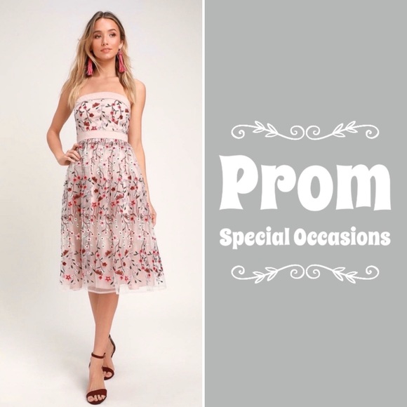 Lulus Dresses & Skirts - ✨TAUPE FLORAL EMBROIDERED STRAPLESS MIDI DRESS